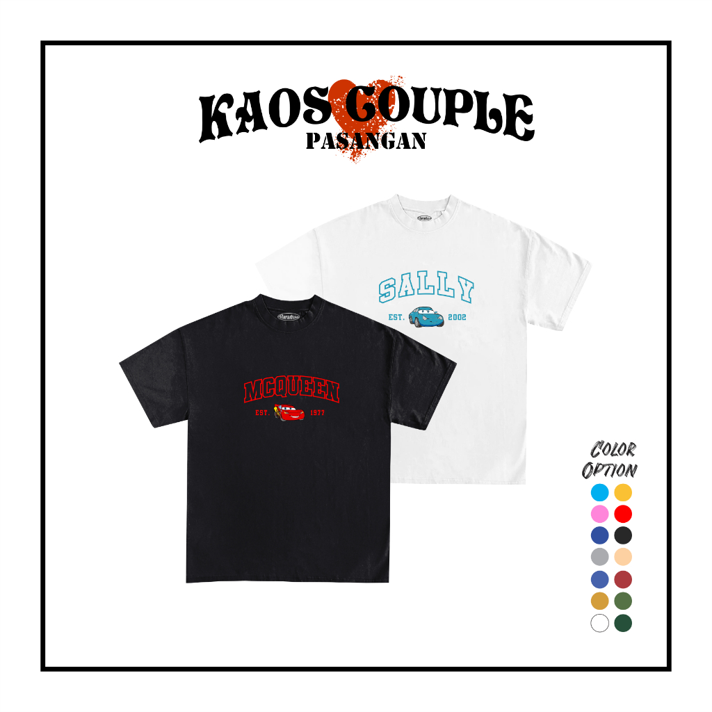Cars Mcqueen & Sally V3 เสื้อยืดคู่รถยนต์แสงเย็บปักถักร้อยคู่เสื้อยืดสําหรับผู้ชายและผู้หญิง Combed 