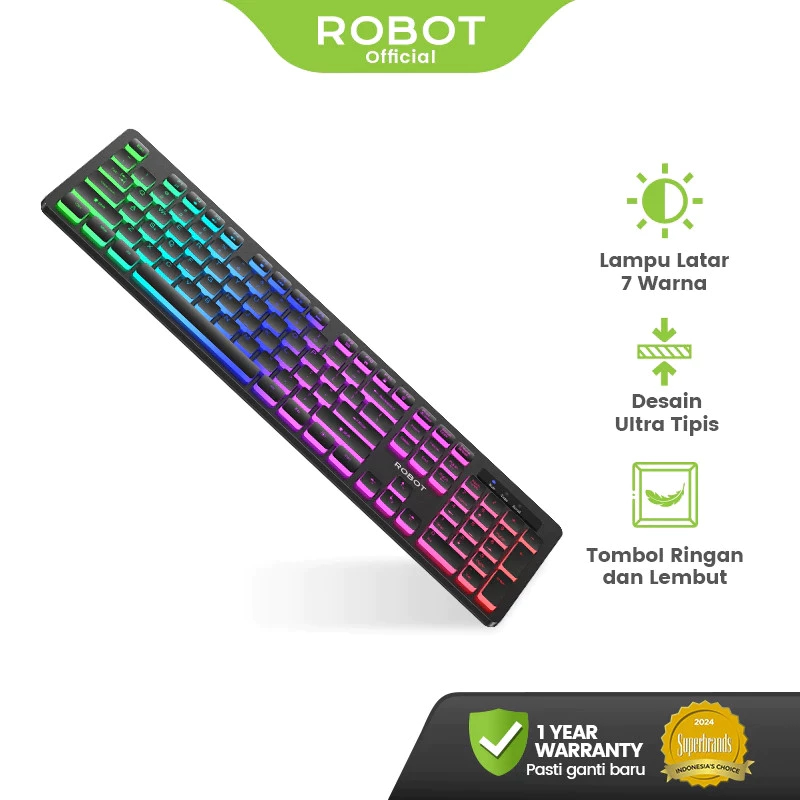ROBOT 7 Color Backlit Wired Keyboard Ultra Thin RGB Ergonomic Silent Office Keyboard RK40 - รับประกั