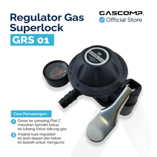GASCOMP Regulator Meter Superlock 01 Klik GRS-01 Regulator Gas Aman Regulator Gas Anti Bocor Regulator Gas SNI Regulator Gas Terbaik Regulator Anti Bocor Smartlock