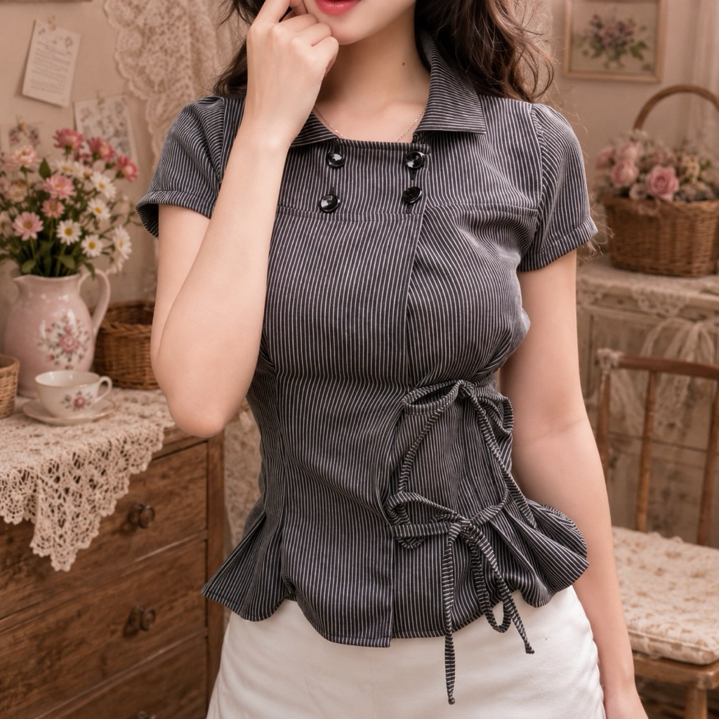 ปุ่ม HIMEKO และริบบิ้นลายทาง Babydoll สไตล์ Shoujo Top