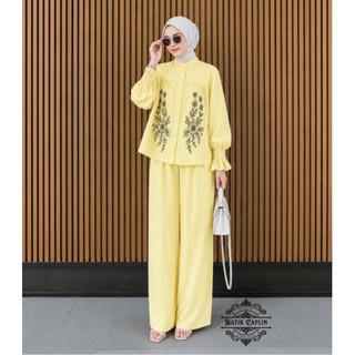 BATIK CAPLIN - One Set Queen Rayon Twill Bordir Motif Bunga - Setelan Set Wanita Bordir Premium