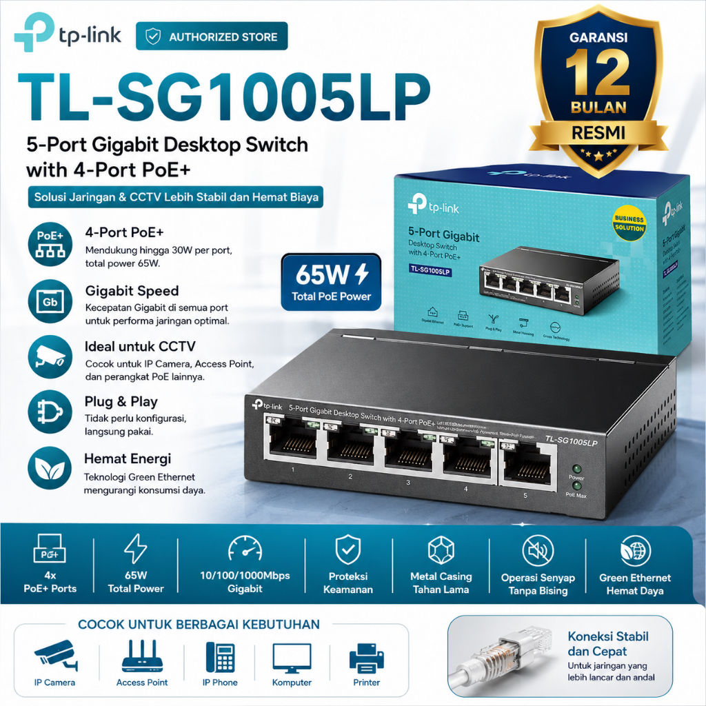 TP-Link TL-SG1005LP Desktop Switch 5 พอร์ต Gigabit 4-Port PoE+ สําหรับเครือข่ายสํานักงานและกล้องวงจร