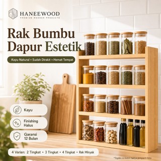 Rak Bumbu Dapur Estetik Kayu Minimalis - Tempat Bumbu Rak Minyak Susun 2-3-4 Tingkat HaneeWood