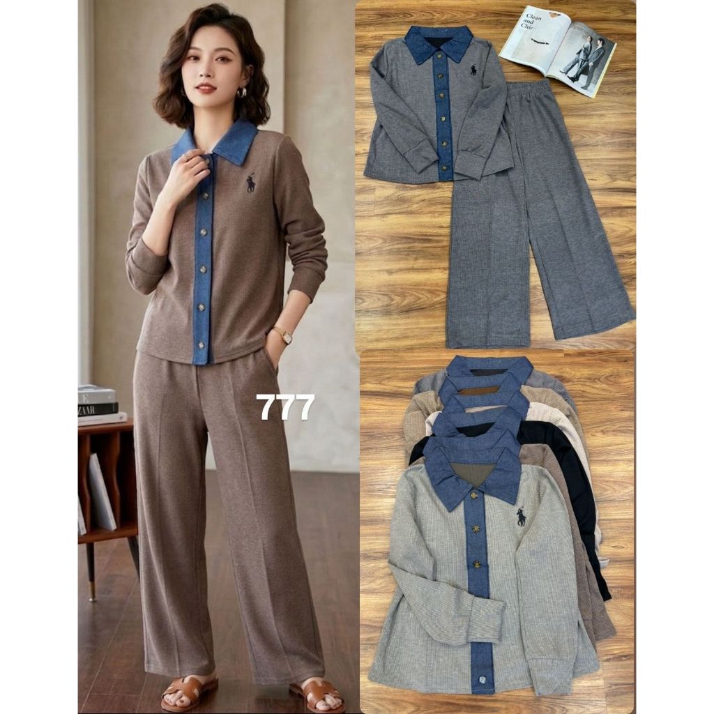 HAPPY SHOP - กางเกงสตรี SET 777.1 7771 PREMIUM KNIT MIX DENIM EMBROIDERRED MOTIF, น่ารัก, ทันสมัย, แ