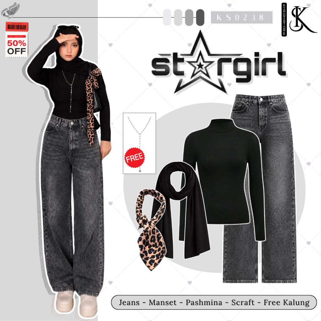 4in1 Outfit One Set Skena Womens Trend Leopard Motif - Inner, Jeans, Scarf, Free Necklace [KS0238]
