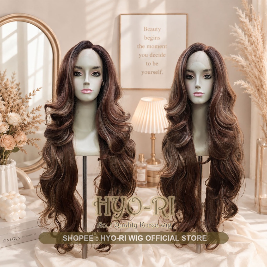 HYO-RI WIG : FRONT LACE WIG LACE LONG WIG WOMENS WIG KOREAN NATURAL LONG CURLY WAVE CURLY GINGER BRE