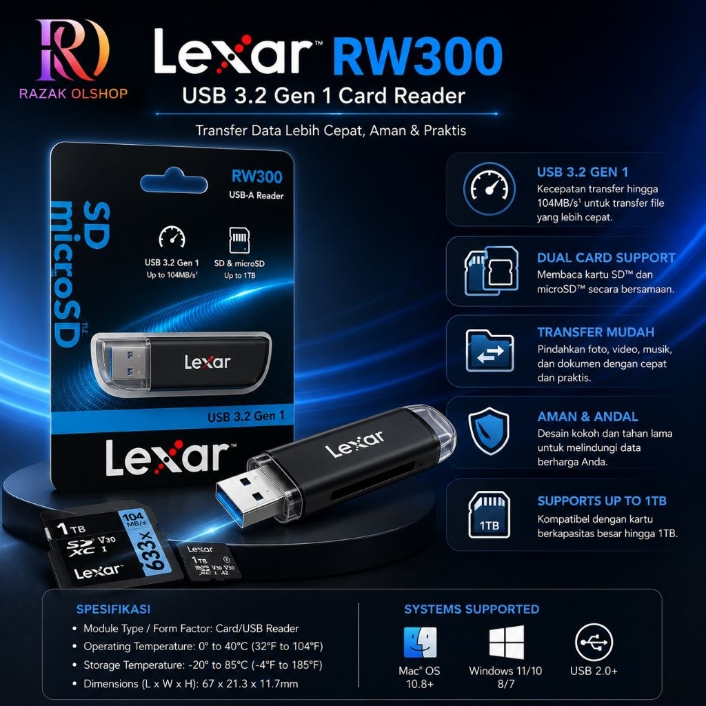 [ต้นฉบับ 100%] Lexar Dual Slot RW300 USB 3.2 Gen1 เครื่องอ่านการ์ด SDcard/MicroSD