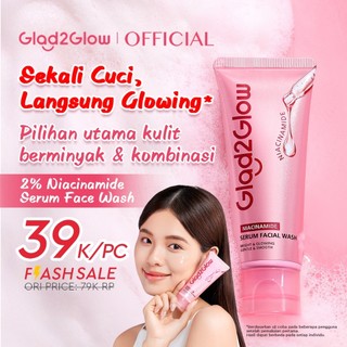 Glad2Glow Niacinamide Serum Facial Wash Instant Glow 70g, Pencuci Wajah Brightening,Mencerahkan Pembersih Pori,Ceramide Ectoin Sakura,Untuk Kulit Kusam Berminyak Kulit Sensitif,Melembabkan,pembersih wajah,sabun cuci muka