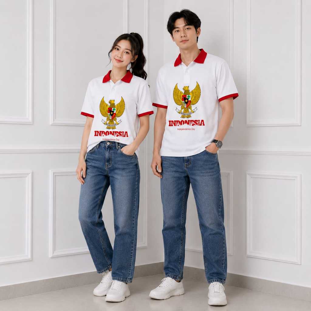 MERAH เสื้อโปโลแขนสั้นเสื้อยืดวันประกาศอิสรภาพอินโดนีเซียสีแดงสีขาว BO เสื้อยืดคอปก Unisex รหัส 4 5 