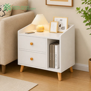 SERENE SPACES Meja Nakas Minimalis 2 Laci Bedside Table Kayu Meja Samping Tempat Tidur dengan Rak Terbuka