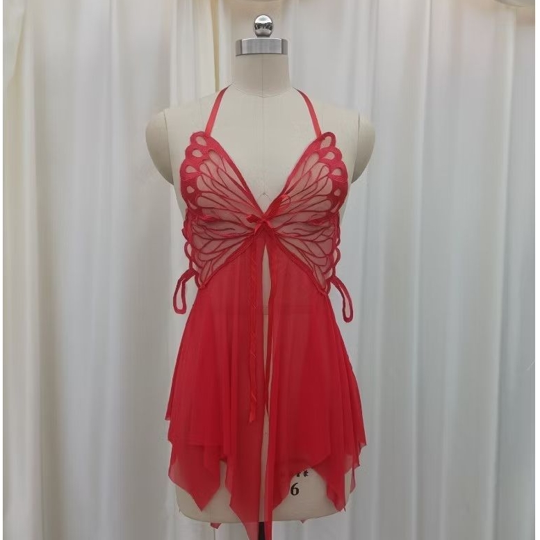 Teddies Lingerie ชุดนอนลายผีเสื้อ ผ่าหน้าโปร่งใส ผูกคอ LST1213