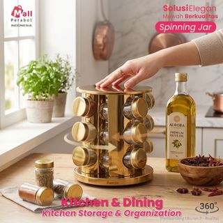 Mall Perabot | Rak Bumbu Putar Estetik Kaca Tebal Tempat Bumbu Dapur Minimalis Set Botol Mewah Anti Karat 12 Jar