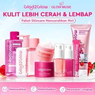 Glad2Glow Glowing & Renew bundle 9in1 9pcs-Brightening toner+Brightening Moisturizer+Milk Cleanser+Brightening Serum+Retinol moisturizer Pomegranate Niacinamide Mencerahkan Wajah Mencerahkan Melembabkan Kulit skin skincare G2G