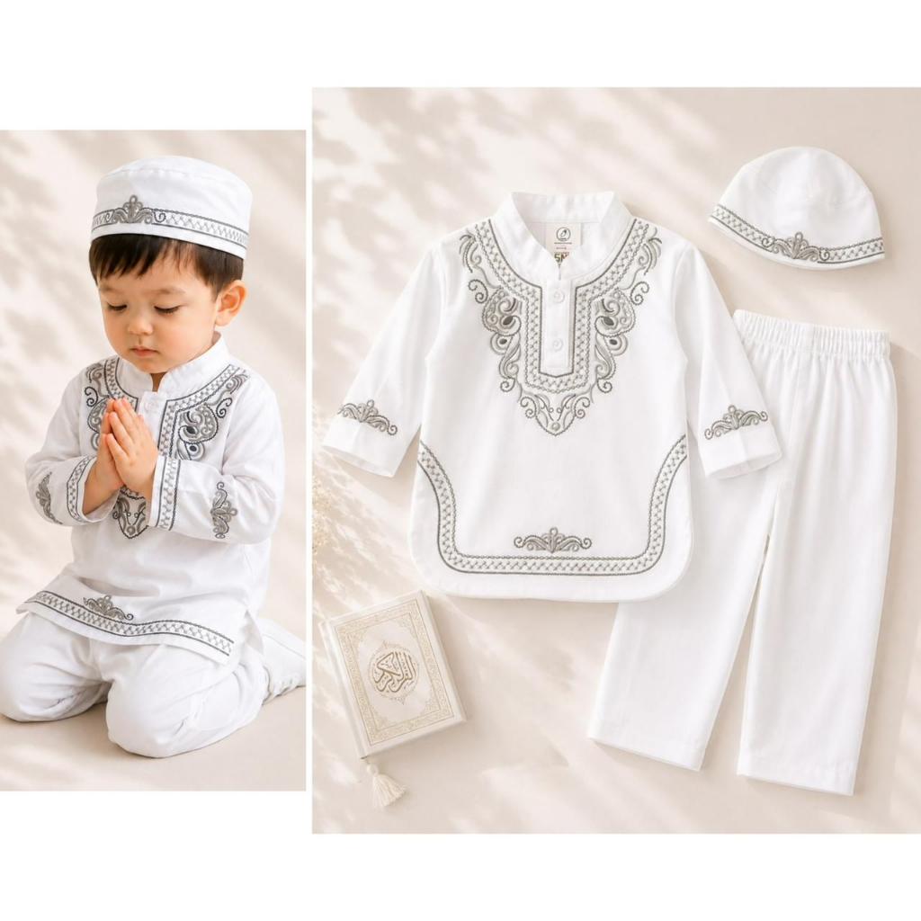 KOKO สีขาว EMBROIDERY Peci ชุดเด็กทารก Cool Eid TURKEY BAIQ ZAYN kareem az harun zaine raffii