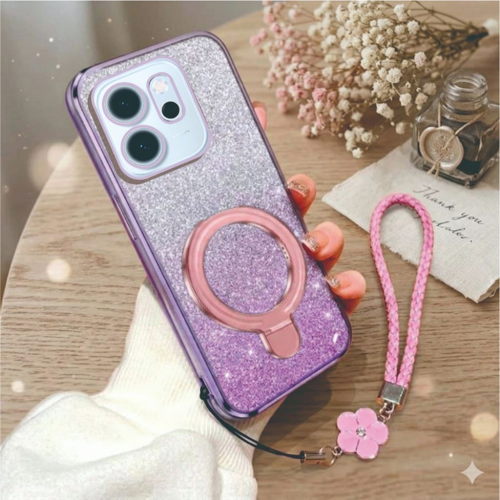 เคสนิ่ม Oppo Reno 14 14F 14 Pro 15 15F 15 Pro 8 7 Luxury Glitter แหวน Magsafe ฟรีเชือกเส้นเล็กดอกไม้