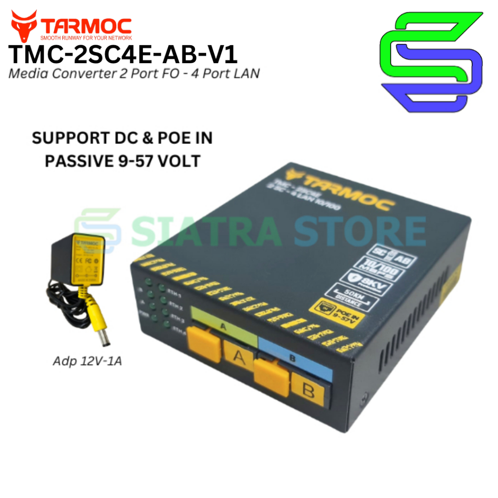 Tarmoc TMC-2SC4E-AB-V1 | Media Converter 2 FO 4 LAN 10/100Mbps POE IN 9-57 โวลต์ | 2 SC 4 LAN
