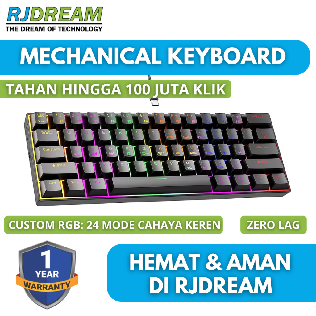CAHAYA MECHANICAL KEYBOARD 60% RJ810 BLACK BLACK RGB WIRED RJ DREAM 24 LIGHT MODEL