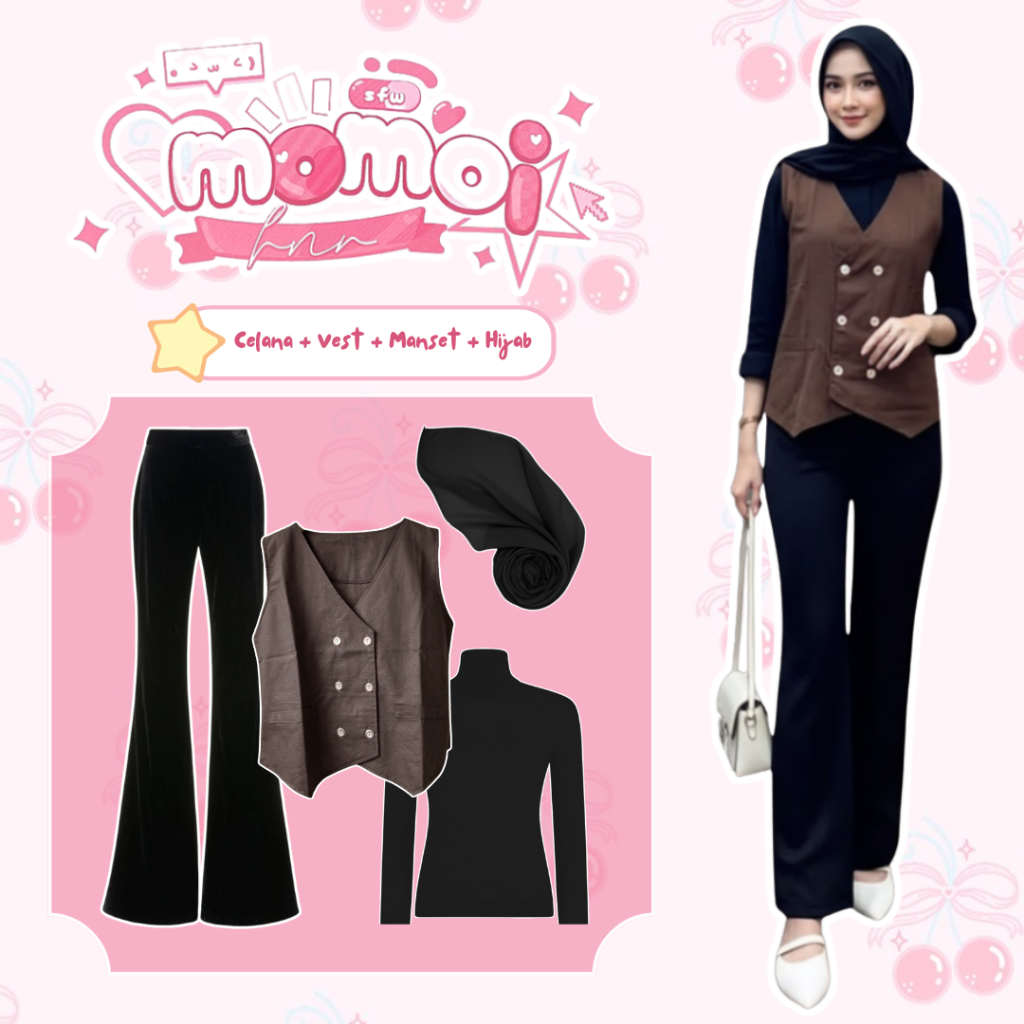 One Set สไตล์เกาหลี 4in1 ผู้หญิง / เสื้อกั๊กบราวนี่ + ข้อมือเสื้อ + กางเกง Scuba Cutbray + Bella Squ