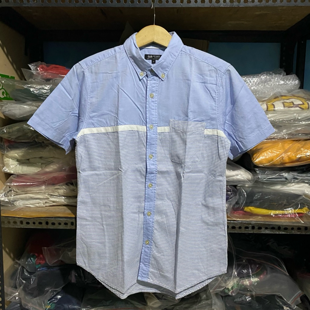 เสื้อ Beams Stripe S/S สีฟ้า ไซส์ M 71x50