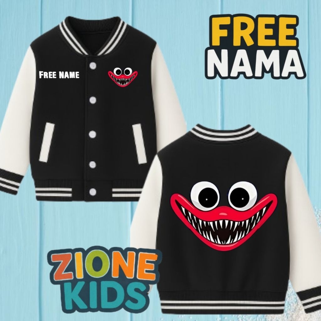 Huggy Wuggy Kids Varsity Jacket ชื่อที่กําหนดเอง | เสื้อแจ็คเก็ตเบสบอลสําหรับเด็ก Huggy Wuggy Charac