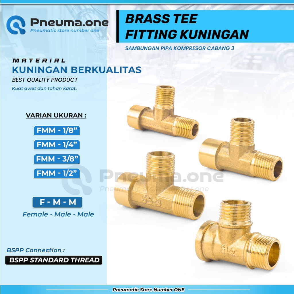 Tee ทองเหลืองทองเหลือง FMM Fitting ท่อเชื่อมต่อเกลียวภายใน - ภายนอก - ภายนอก T รูปร่าง 1/8–1/2 นิ้ว 