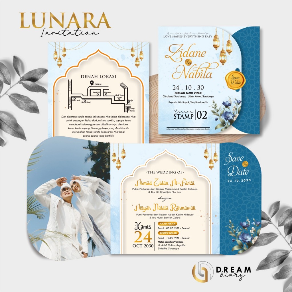 Lunara Stamp ความงามการออกแบบที่กําหนดเองที่หรูหราเชิญงานแต่งงานสีเต็มรูปแบบ