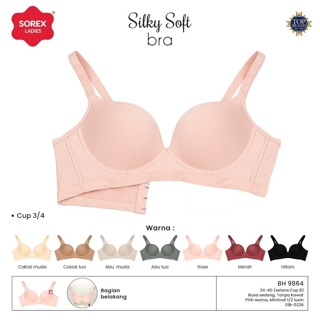 Sorex 9864 Silky Soft Medium Foam Bra ไม่มี Underwire 3 Hooks Cup 3/4 เทียบเท่ากับ Cup B (34-40)