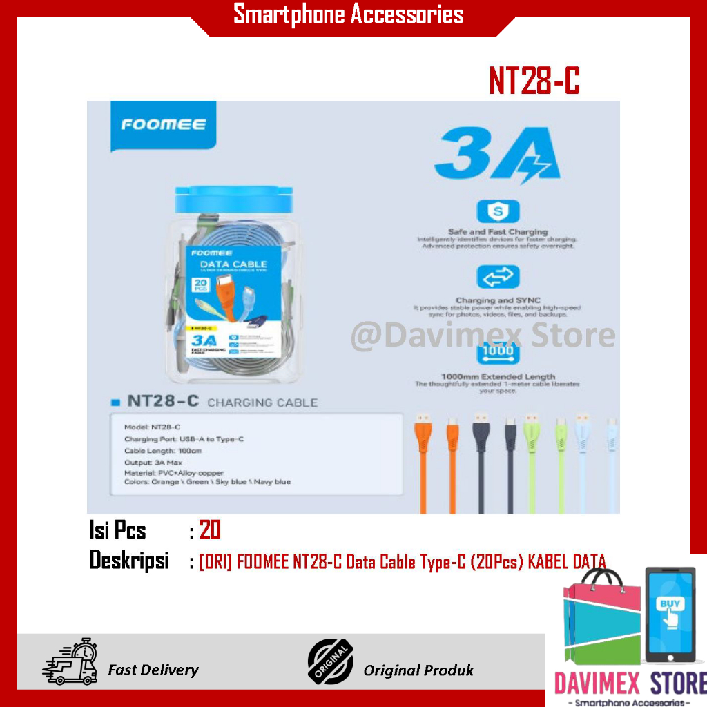 [ORIGINAL] สายเคเบิลข้อมูล FOOMEE NT28-C Type-C (20 ชิ้น) สาย DATA