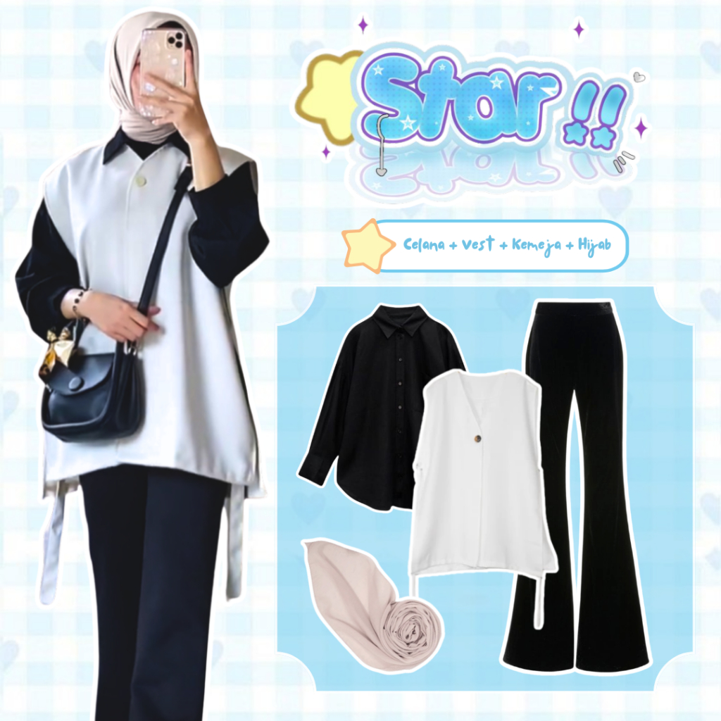 KEMEJA One Set Casual Womens 4in1 / Cutbray Pants + Irene Vest + Basic Shirt + Bella Square Hijab / 