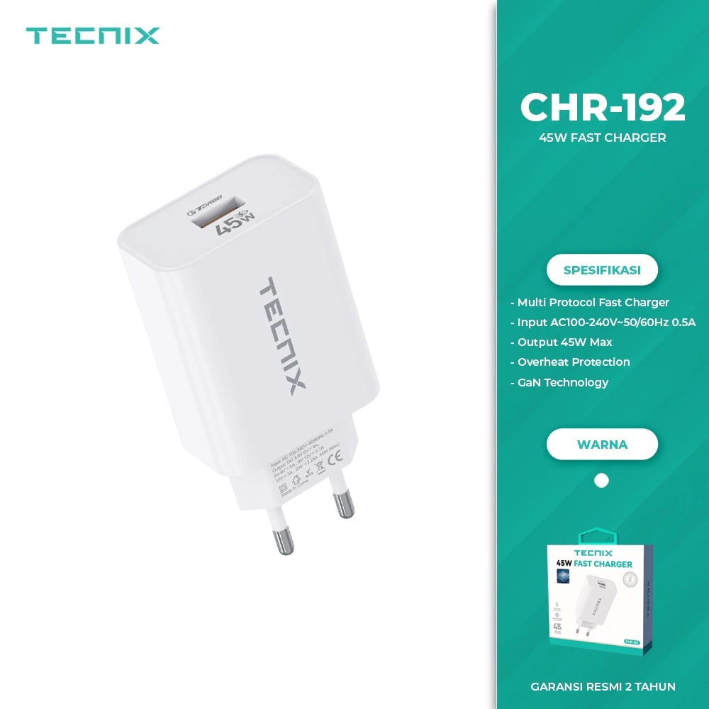 TECNIX CHR-192 45W Type C อะแดปเตอร์ชาร์จ 45W PD อะแดปเตอร์ชาร์จ 45W GaN หัวชาร์จ 45 วัตต์ชาร์จเร็ว