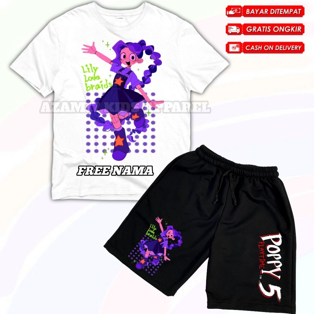 Poppy Playtime 5 Lily Braids เสื้อยืดเด็กและกางเกงขาสั้นชุดชื่อฟรี / Liliy Love Braids Poppy Playtime 5 เสื้อยืดเด็กและกางเกงขาสั้นชุด