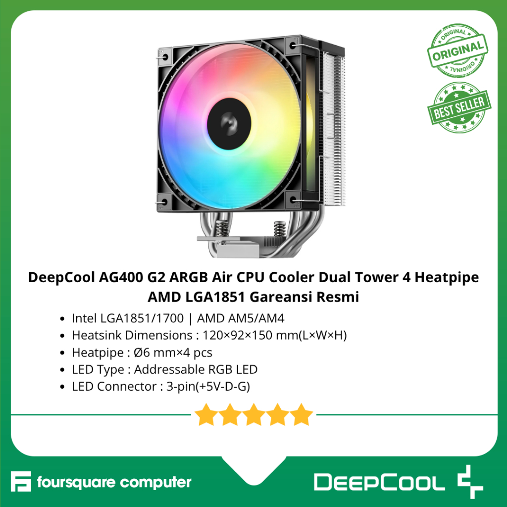 DeepCool AG400 G2 ARGB Air CPU Cooler Dual Tower 4 Heatpipe AMD LGA1851 รับประกันอย่างเป็นทางการ