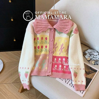 MAMAMARA - Cardigan Oversize Flower Stoberi Wanita Atasan Rajut Knitwear Outer