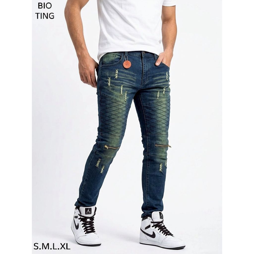SHANCHIKO - กางเกงยีนส์ขายาวยืด Retro สําหรับผู้ชาย Knee Zipper Biker Long Jeans