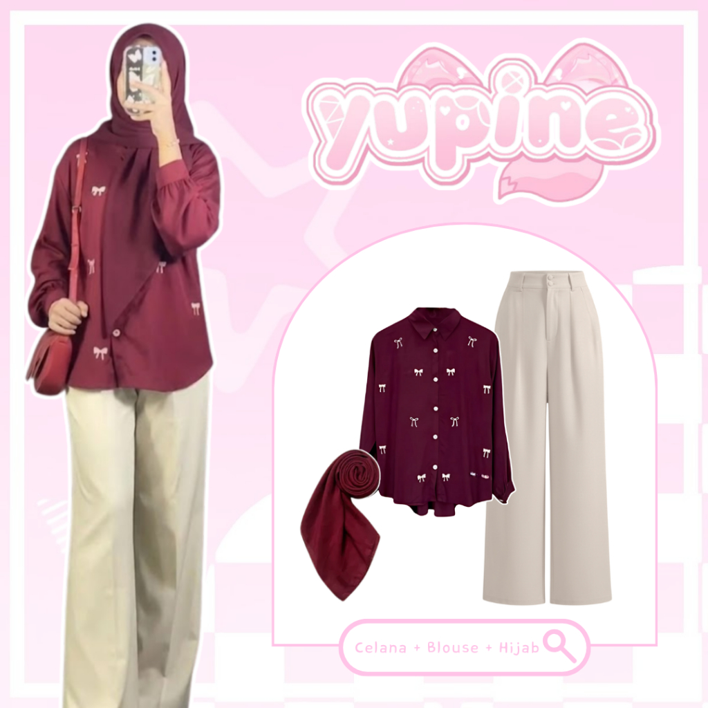 ชุดสตรีลําลอง 3-in-1 หรูหรา / กางเกง Jennie Knit Ivory + เสื้อ Zoya Maroon + Bella Square Hijab / Si
