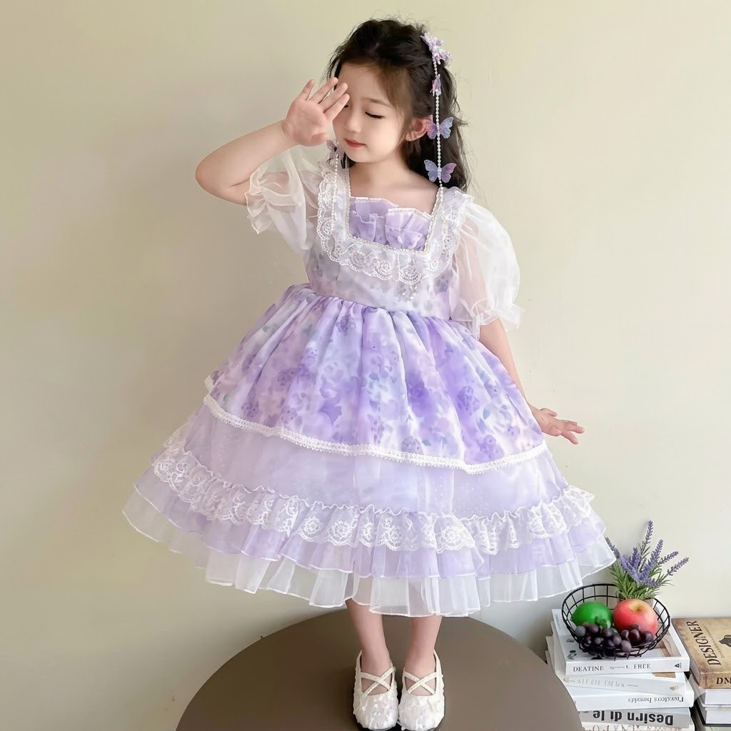 UNGU (AGE 6-8TH) YNJG- D724-PURPLE FLOWER MOLITA DRESS