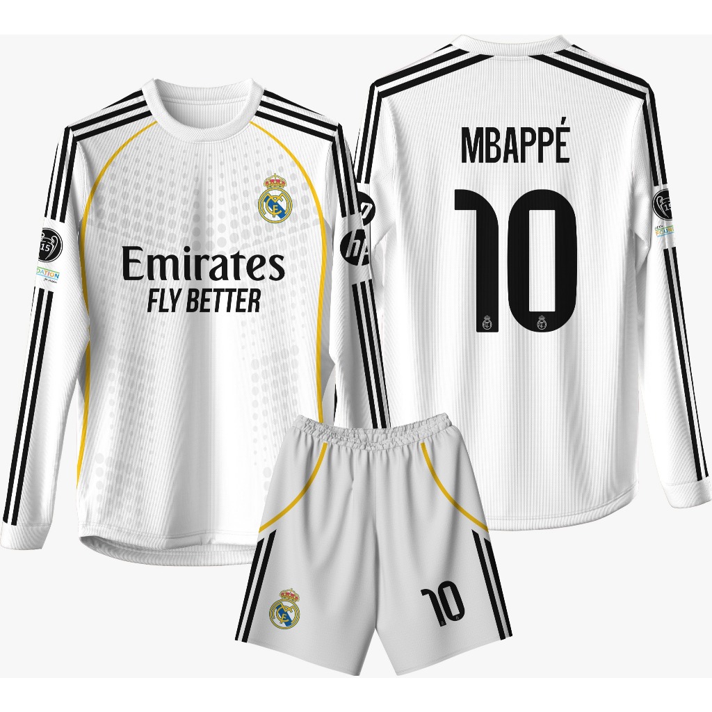 B0LA M4DR1D H0ME 2025 LONG SLEEVE RIB JERSEY ฟรีชื่อที่กําหนดเองและหมายเลขด้านหลังสําหรับเด็กและผู้ใ