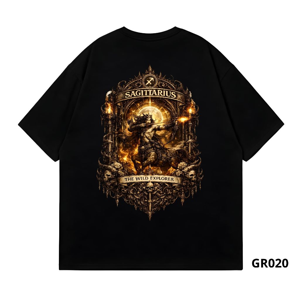 GRITWAY - Sagitarius Zodiac เสื้อยืดแขนสั้นผ้าฝ้ายหวี 20s DTF หน้าจอการพิมพ์ Boxy Tshirt GR020