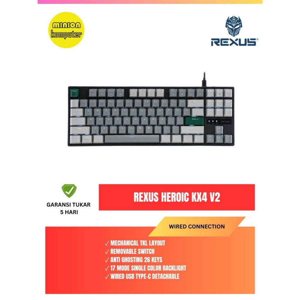 Rexus KX4 / KX-4 Heroic TKL Mechanical Gaming Keyboard สวิตช์แบบถอดได้