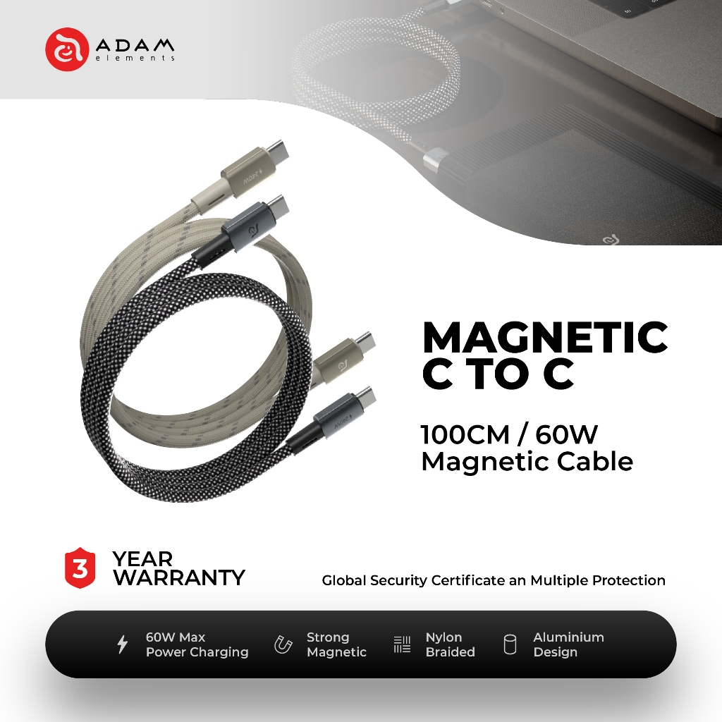 องค์ประกอบ ADAM CASA MS100 USB-C ถึง USB-C 60W สายชาร์จแม่เหล็ก