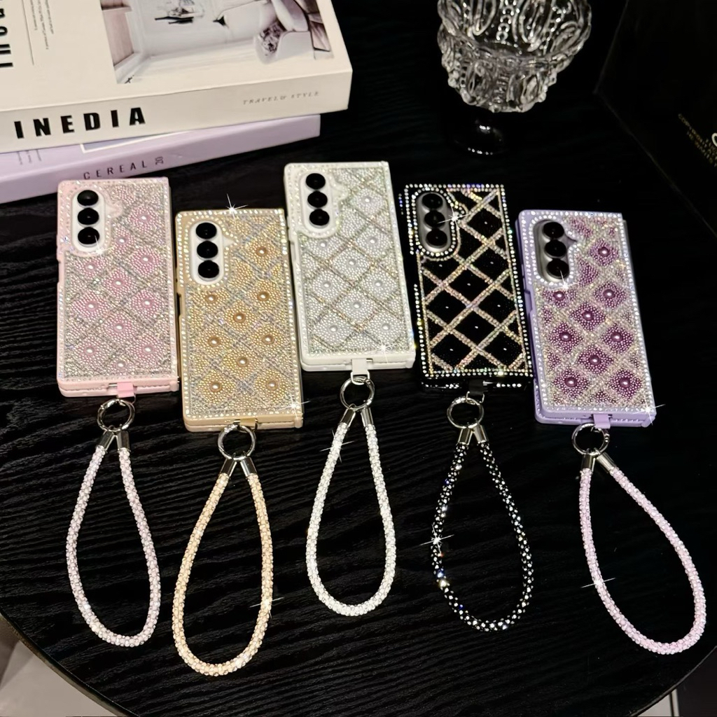 SAMSUNG GANTUNGANกรณีใหม่Samsung Zflip Zfold Pearl Diamondหรูหราน่ารักสายโซ่น่ารักTPUปลอกHpสําหรับSa