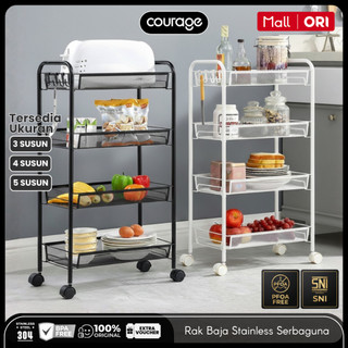 COURAGE Rak Penyimpanan Serbaguna Baja Stainless Steel 3/4/5 Susun Troli Besar + Roda Multifungsi