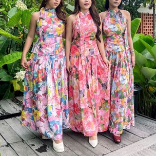 [AU WEAR] Flora Oneset - Halterneck Top | Flower Skirt - Rok Panjang | Korean Style Flora Pattern Set Wanita | Outfit Pantai Beach Outfit | Aesthetic Flower One Set