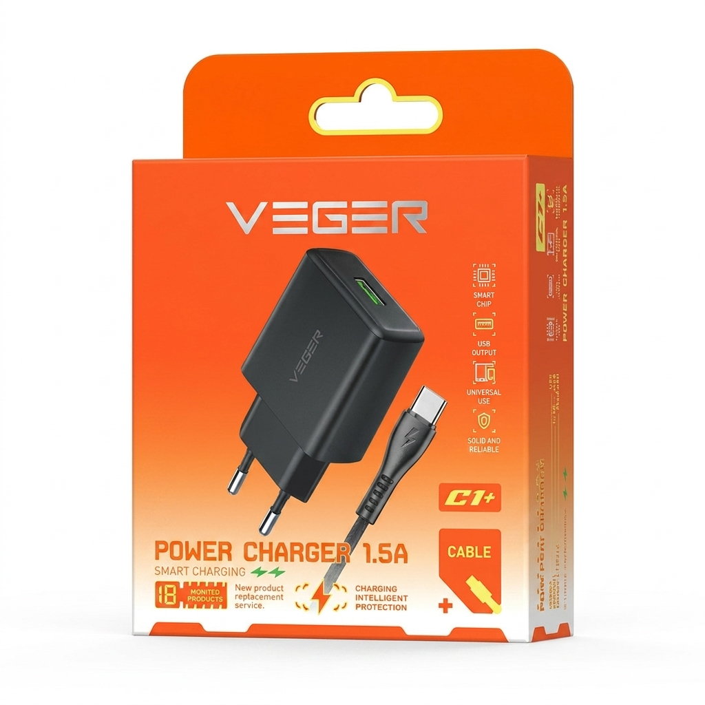 VEGER C1+ / เครื่องชาร์จไฟ VEGER C1+ พร้อมสาย MICRO, TYPE C 1.5A เอาต์พุตเดียว การรับประกันอย่างเป็น
