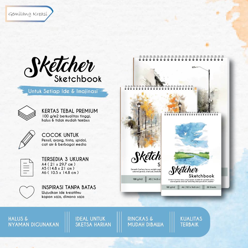 Sketchbook เกลียวหนา 100 แกรม A4/A5/A6 60 หน้า