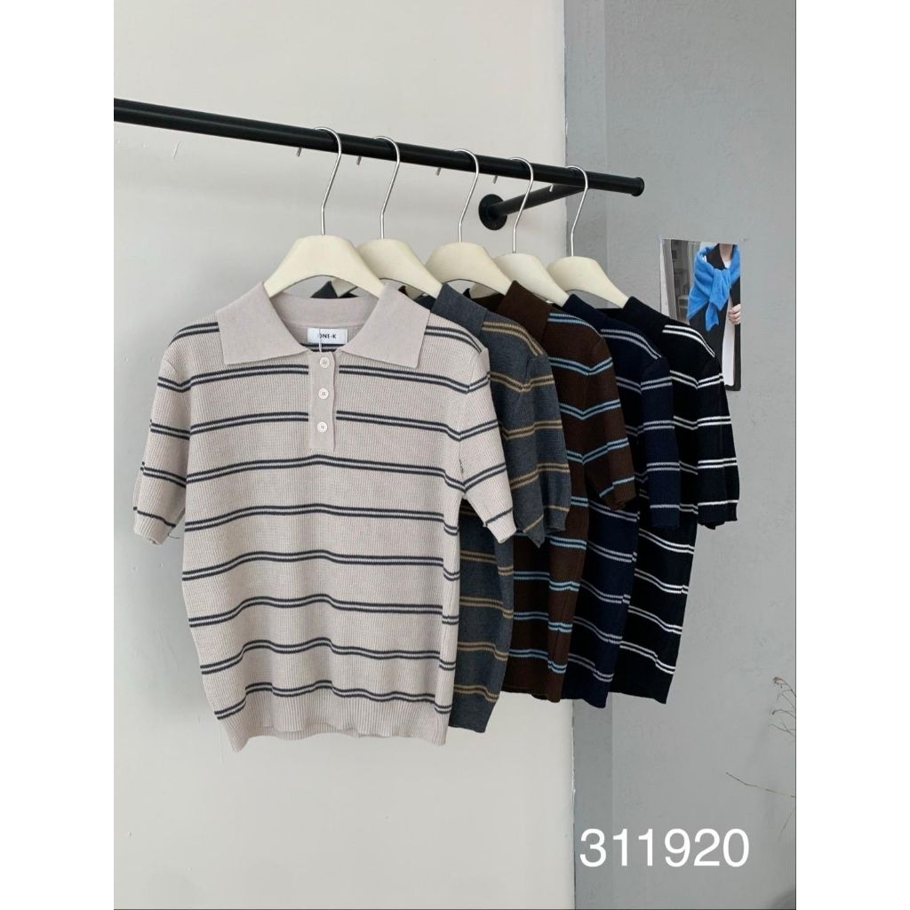 [LC] ONE-K 311920 CASUAL STRIPE COLLAR KNIT TOP