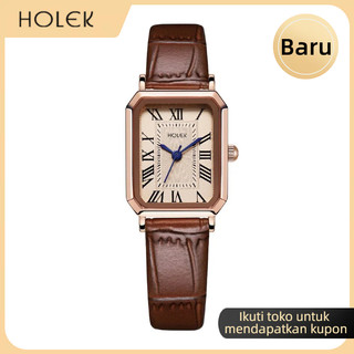 HOLEK 82012 Jam Tangan Wanita Asli Anti Air Quartz Kuarsa Tali Kulit Retro Simple Dengan Skala Romawi Persegi Cocok Untuk Pelajar Kotak Gratis