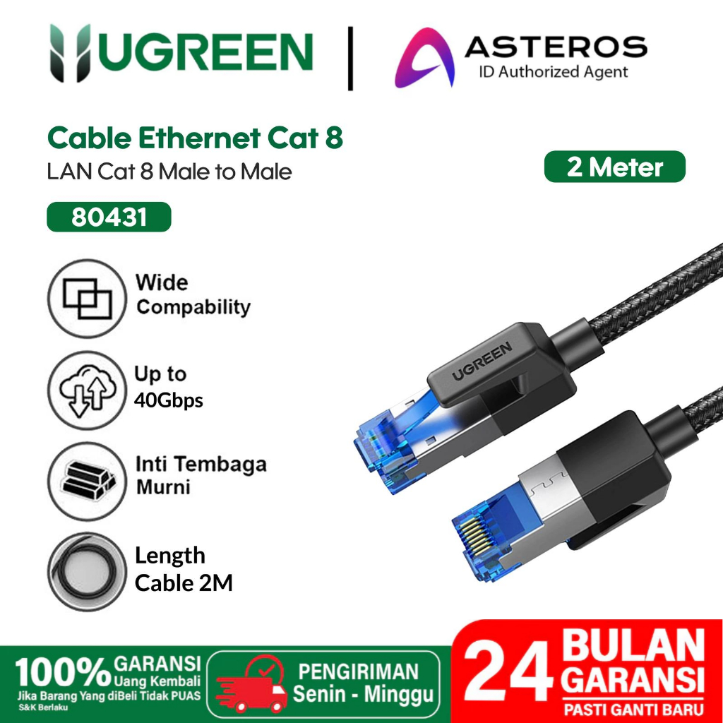 UGREEN สาย LAN RJ45 Cat8 Gigabit Ethernet ข้อมูลอินเทอร์เน็ต 30AWG ทองแดงบริสุทธิ์ 40Gbps 2000Mhz CA