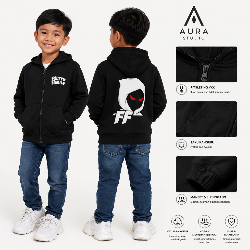 Foltyn Family FF Roblox สีดํา Premium Kids Zipper Hoodie