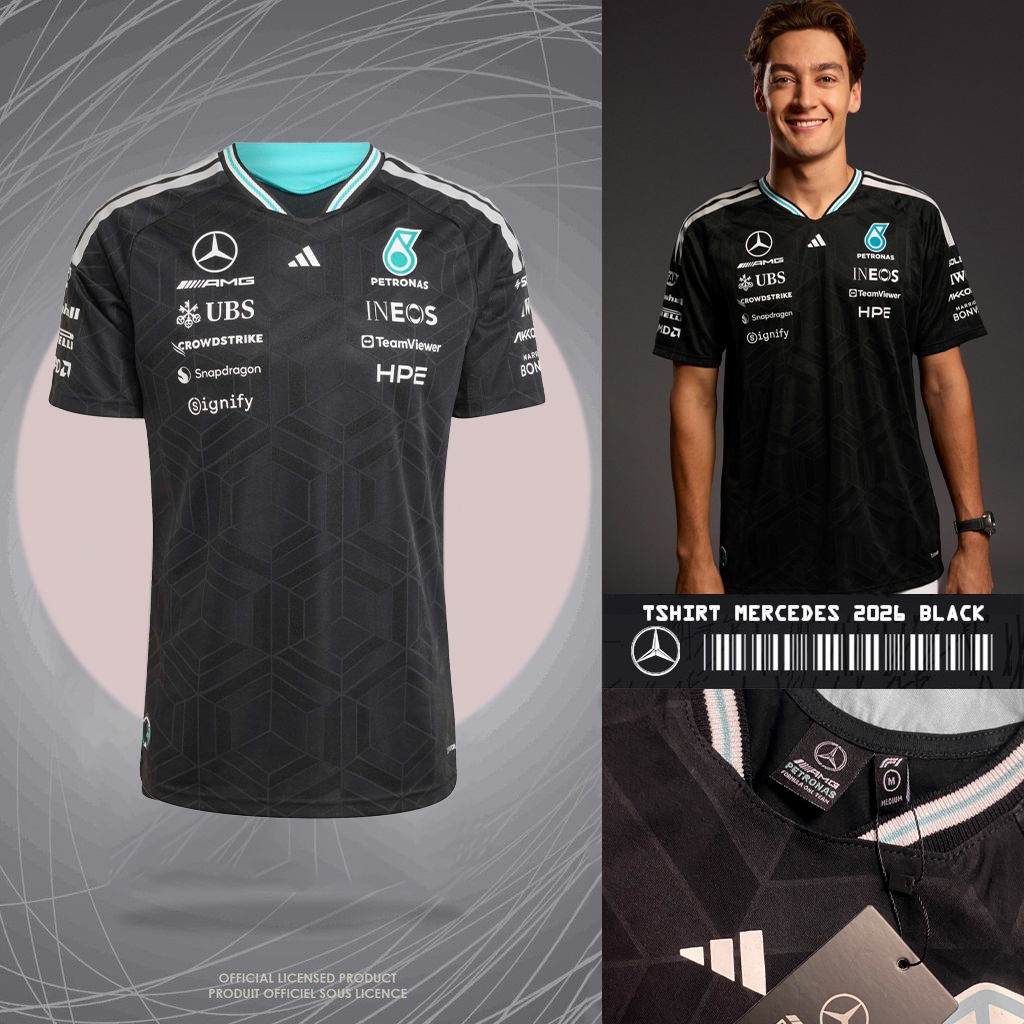 เสื้อยืดผ้าฝ้ายพรีเมี่ยม Unisex Mercedes AMG F1 2026 Team Black Formula one marcedes